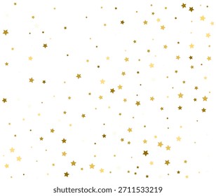 Fondo Abstractas con estrellas de oro que caen sobre blanco. Patrón de confeti dorado festivo para Navidades o año Nuevo. Copiar espacio para texto