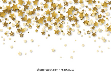 Abstract background of falling gold stars on white paper. Glitter pattern for  Christmas and New Year card, invitation for dinner, paper packaging. Vector illustration.