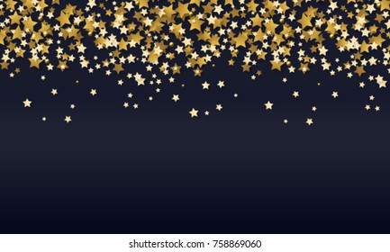 Abstract background of falling gold stars on black paper. Glitter pattern for  Christmas and New Year card, invitation for dinner, paper packaging. Vector illustration.