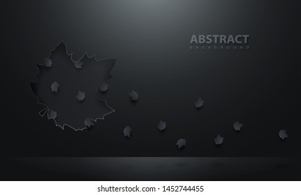 Abstract background with falling maple leaves on a black background. Light shines from above. Modern cover design. Vector illustration.