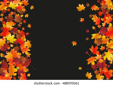 Abstract background with falling maple leaves. Fall season greeting card, poster, flyer. Vector illustration isolated on a black background.