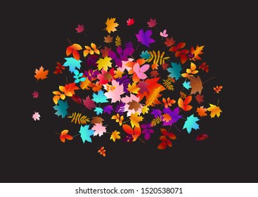 Abstract background with falling maple, oak leaves. Fall season greeting card, poster, flyer. Vector illustration isolated on a black background.