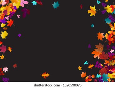 Abstract background with falling maple, oak leaves. Fall season greeting card, poster, flyer. Vector illustration isolated on a black background.