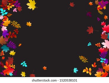 Abstract background with falling maple, oak leaves. Fall season greeting card, poster, flyer. Vector illustration isolated on a black background.