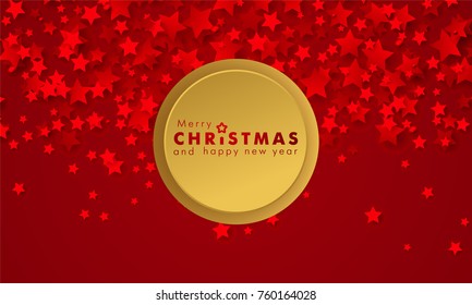 Abstract background of falling red stars and gold frame on red paper. Glitter pattern for Christmas and New Year card, invitation for dinner, paper packaging. Vector illustration.