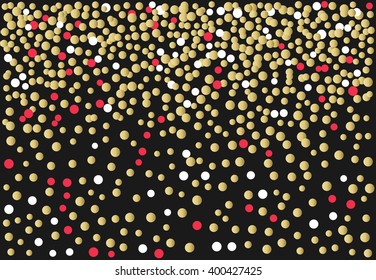 Abstract background with falling round confetti. Golden, pink and white confetti pieces on black background. Vector illustration.