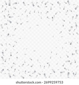 Abstrakter Hintergrund mit abfallendem silbernem, metallischem Konfetti-Rechteck verschiedener Größen auf transparentem Hintergrund. Ideal für Luxusurlaub, Party, Moderne und Feier Designvorlagen