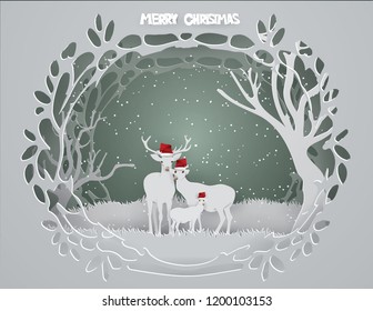 Abstract background with family deer live in winter season and Merry Christmas concept ,paper craft style and illustration