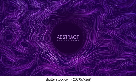 Abstract Background With Fantasy Magic Curled Purple Lines And Sparkles. Futuristic Liquid Dynamic Flow Of Glowing Swirling Lines With Place For You Content. Vector Illustration