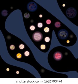 Abstract background with fantasy planets and pills. Conceptual illustration of drug abuse.