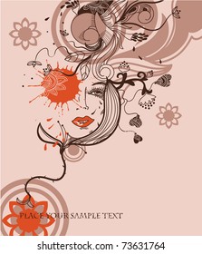 abstract background with fantasy plants, bright drops and a female face
