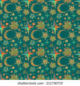 Abstract background, fantasy starry sky. Seamless dark square pattern.