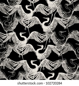 Abstract background, fashion seamless pattern, vector wallpaper, vintage and monochrome fabric with dancing stork, graphic birds - japan style for design