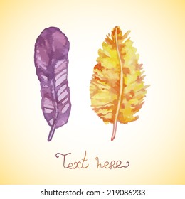 Abstract background with with feathers. Watercolor paint. Can be used for card, invitation or some text.