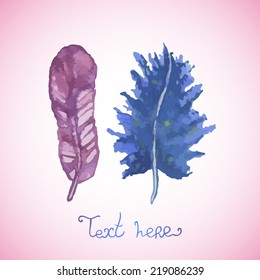 Abstract background with with feathers. Watercolor paint. Can be used for card, invitation or some text.