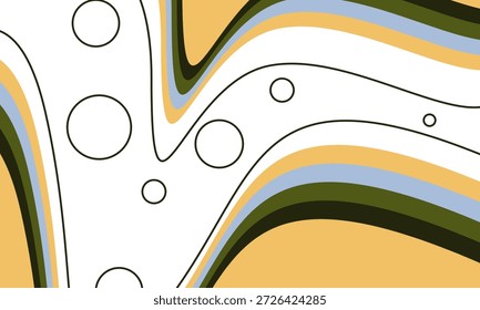 An abstract background features curved stripes in shades of yellow, blue, and green, with black lines and circles against a white backdrop. The image creates a playful and modern design.