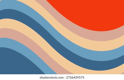 Un fondo abstracto presenta rayas curvas en tonos de azul, beige y melocotón, con una sección roja en la esquina. La Imagen crea un diseño moderno y colorido.