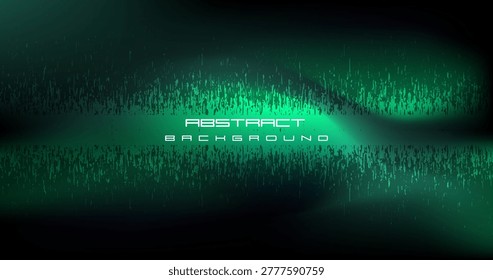 The abstract background features a dark background with varying shades of light and texture, combined with green tones, creating a gloomy, somber, and mysterious atmosphere. A horizontal green band of light runs through the center of the image, acting as the focal point, resembling a beam of light or a digital horizon.
