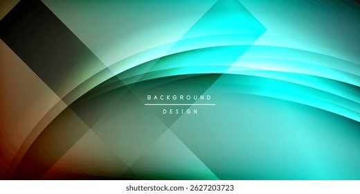 O fundo abstrato apresenta curvas de fluxo, formas geométricas, tons de turquesa, sombras escuras. O design moderno evoca energia, movimento, sofisticação.
