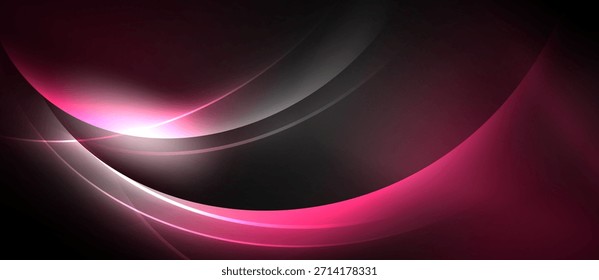 Abstract background features flowing curves, pink hues, dark shades. Bright light emanates from central area, creating dynamic visual effect.
