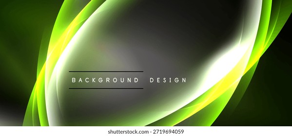 El fondo Abstractas presenta curvas verdes y amarillas que fluyen. La sección central gris incluye diseño de fondo de texto. Presentación visual moderna y dinámica.