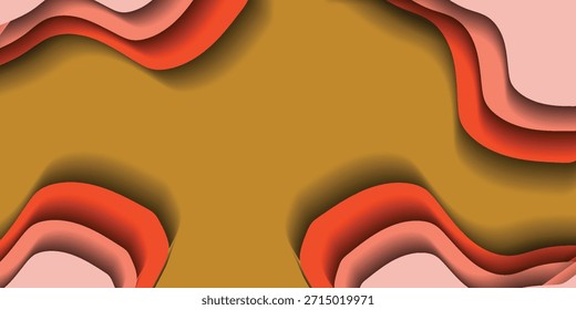 An abstract background features flowing, organic wavy layers in vibrant shades of orange, red, and pink, creating a paper-cut style effect with subtle shadows against a warm mustard yellow backdrop, suggesting depth and movement.
