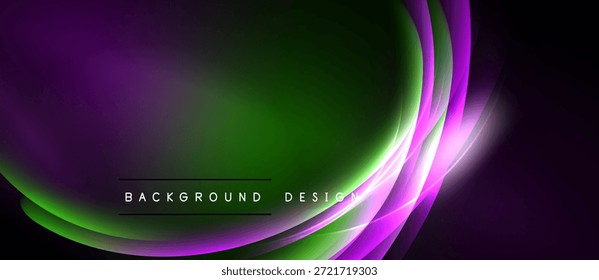 El fondo Abstractas presenta Formas púrpuras y verdes que fluyen. Los Gradientes suaves crean un efecto visual dinámico. El texto lee el diseño de fondo.