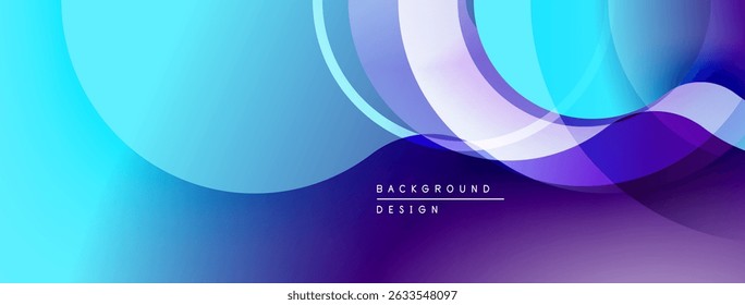 Abstract background features flowing shapes, vibrant blue, purple gradients. Modern design elements create dynamic visual experience.