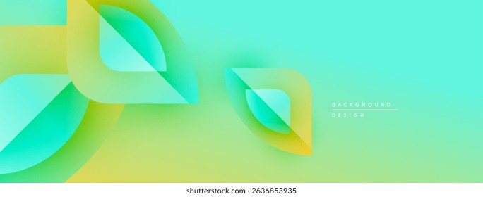 Abstract background features flowing shapes, gradient colors. Yellow, green, turquoise blend smoothly creating dynamic visual effect. Minimalist design.
