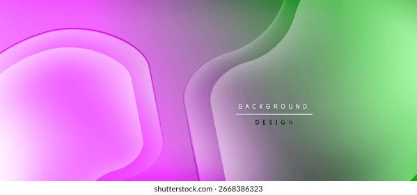 Fundo abstrato apresenta formas que fluem, rosas vibrantes, verdes, roxas. Gradientes suaves criam apelo visual moderno. Design minimalista.