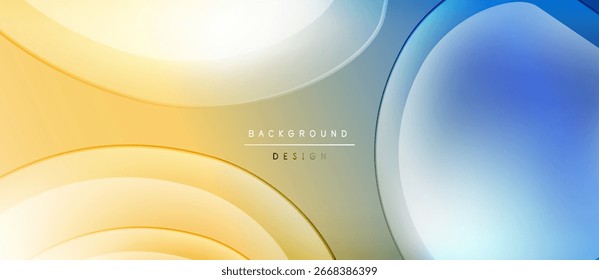 Abstract background features flowing shapes, gradients. Yellow, blue hues blend smoothly creating modern design. Minimalist aesthetic.
