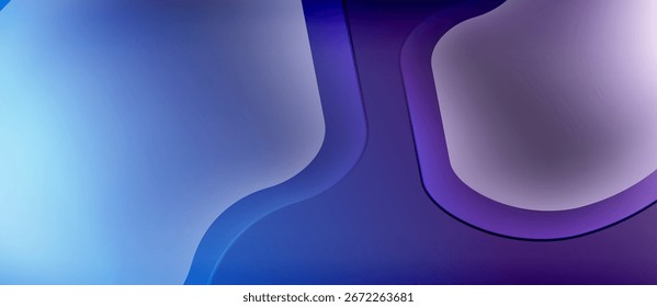 Abstract background features flowing shapes, gradients. Blues, purples create smooth, modern visual effect. Minimalist design.