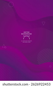Fundo abstrato apresenta ondas fluindo e formas geométricas em vários tons de roxo, ideal para projetos criativos e design gráfico. Ilustração vetorial.