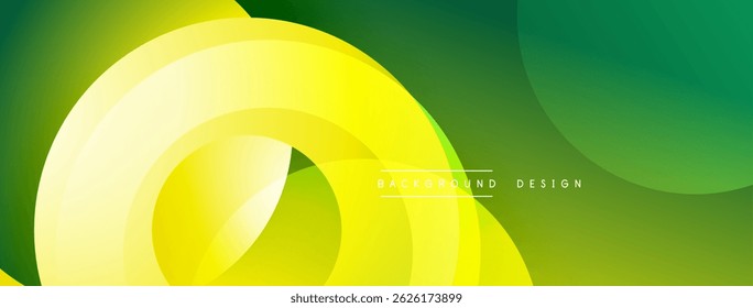O fundo abstrato apresenta formas amarelas e verdes fluindo. O design moderno evoca energia, movimento, apelo visual. Gradientes suaves criam profundidade.