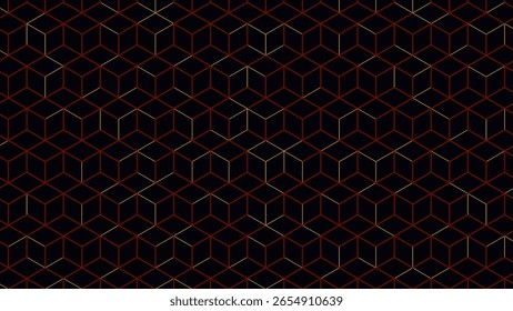 abstrakter Hintergrund zeichnet sich durch ein futuristisches dunkles Design von miteinander verbundenen Würfeln in roten und gelben Linien, digital für moderne technische Layouts und visuelle Struktur erfasst