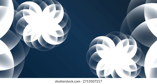 Um fundo abstrato apresenta intrincadas formas translúcidas brancas circulares e pétalas sobrepostas para formar padrões geométricos de flores contra um fundo azul profundo, criando um design moderno e decorativo.