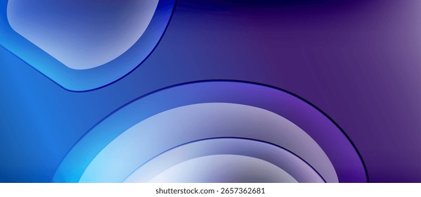 El fondo Abstractas presenta tonos azules y púrpuras en capas. Los Gradientes lisos crean Formas fluidas, estética moderna. Diseño minimalista.