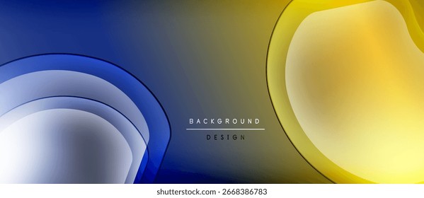 Abstract background features layered shapes, blue, gold gradients. Modern design, smooth transitions, elegant composition. Minimalist aesthetic.
