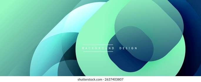 Abstract background features overlapping circles. Colors blend from teal to blue. Modern design elements create dynamic visual effect.