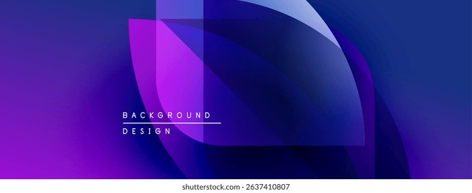 Abstract background features overlapping purple, blue shapes. Modern design elements create dynamic visual effect. Smooth gradients present depth.
