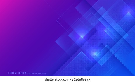 Abstract background features overlapping translucent rectangles layered with lines and luminous highlights over vibrant gradient from magenta to deep blue. Vector illustration