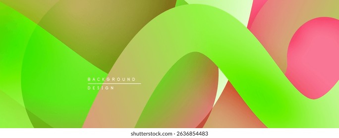 Abstract background features overlapping translucent shapes. Colors include green, orange, pink, creating dynamic visual effect. Smooth gradients present.
