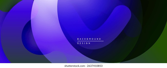 Abstract background features overlapping translucent circles. Gradient transitions from purple to green create dynamic visual effect. Modern design.
