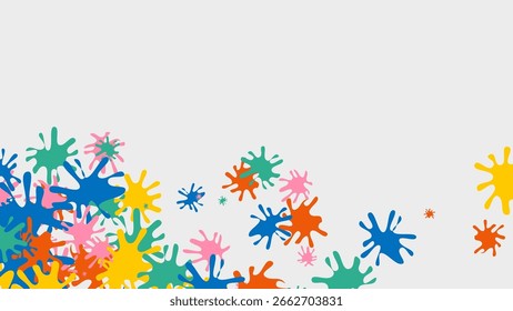 An abstract background features a pattern of colorful paint splatters scattered across a clean white surface. The design provides a playful and vibrant aesthetic. Great for backgrounds and decoration.