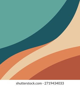 Un fondo abstracto presenta líneas curvas suaves y elegantes que crean una sensación de movimiento suave. La paleta de colores es retro, con tonos verde azulado, azul intenso, beige y terracota.