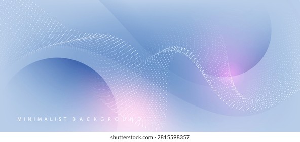 The abstract background features soft tones, gradients from light blue to lavender purple, creating a gentle and soothing effect. Beautiful curved lines created by arranged white dots crisscross the image. Additionally, translucent curved shapes in overlapping layers of blue and purple add depth and dimension. Two softly glowing light sources, emitting pink and soft purple hues, enhance the brightness and create an ethereal, dreamy quality.