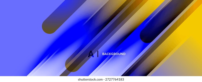 Abstrakter Hintergrund mit leuchtend blauen, gelben Farbverläufen. Diagonale Linien schneiden abgerundete Rechtecke, wodurch ein dynamischer visueller Effekt entsteht. Modernes Design.