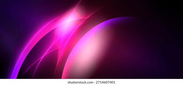 Abstractas fondo presenta vibrantes curvas de color rosa, púrpura. La luz irradia desde el punto central, creando un efecto visual dinámico. Las áreas oscuras contrastan con los tonos brillantes.