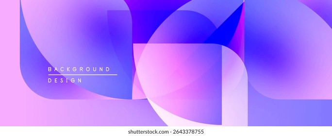 Abstract background features vibrant purple, pink hues. Overlapping shapes create modern, dynamic visual effect. Smooth gradients dominate composition.
