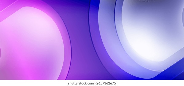 Fundo abstrato apresenta vibrante roxo, rosa, gradientes brancos. Curvas suaves criam efeito visual dinâmico. Design moderno.